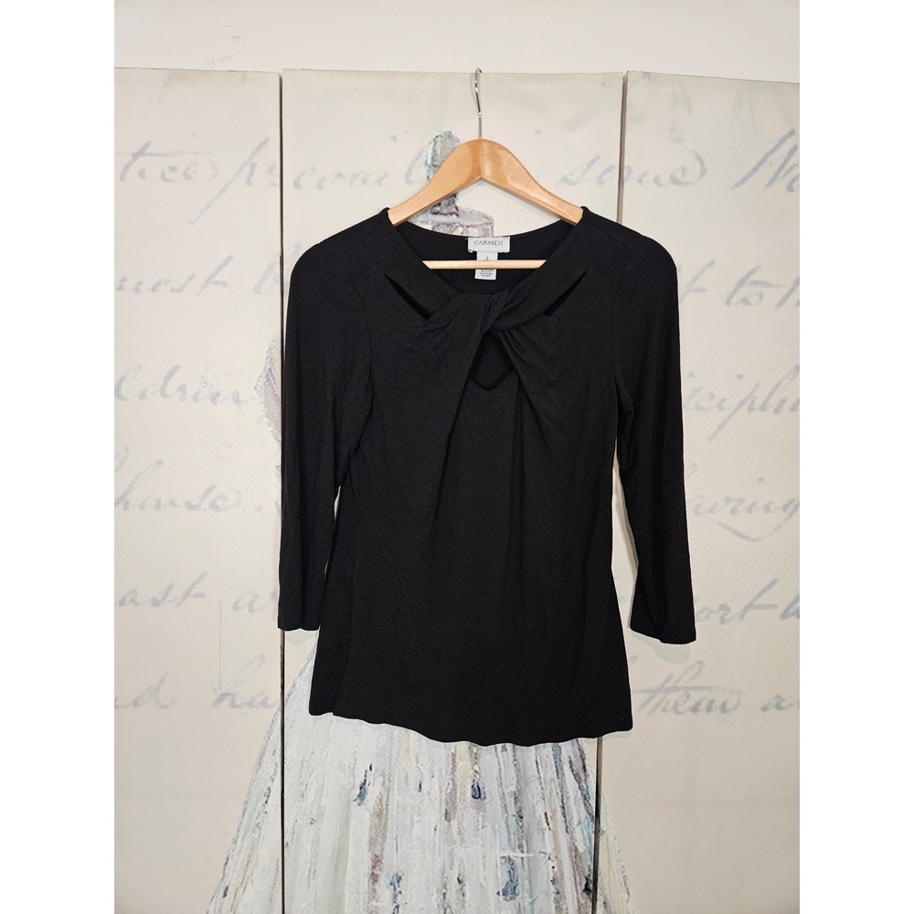 Carmen Marc Valvo Top Small Black Twisted Cutout‎ 3/4 Sleeve Blouse